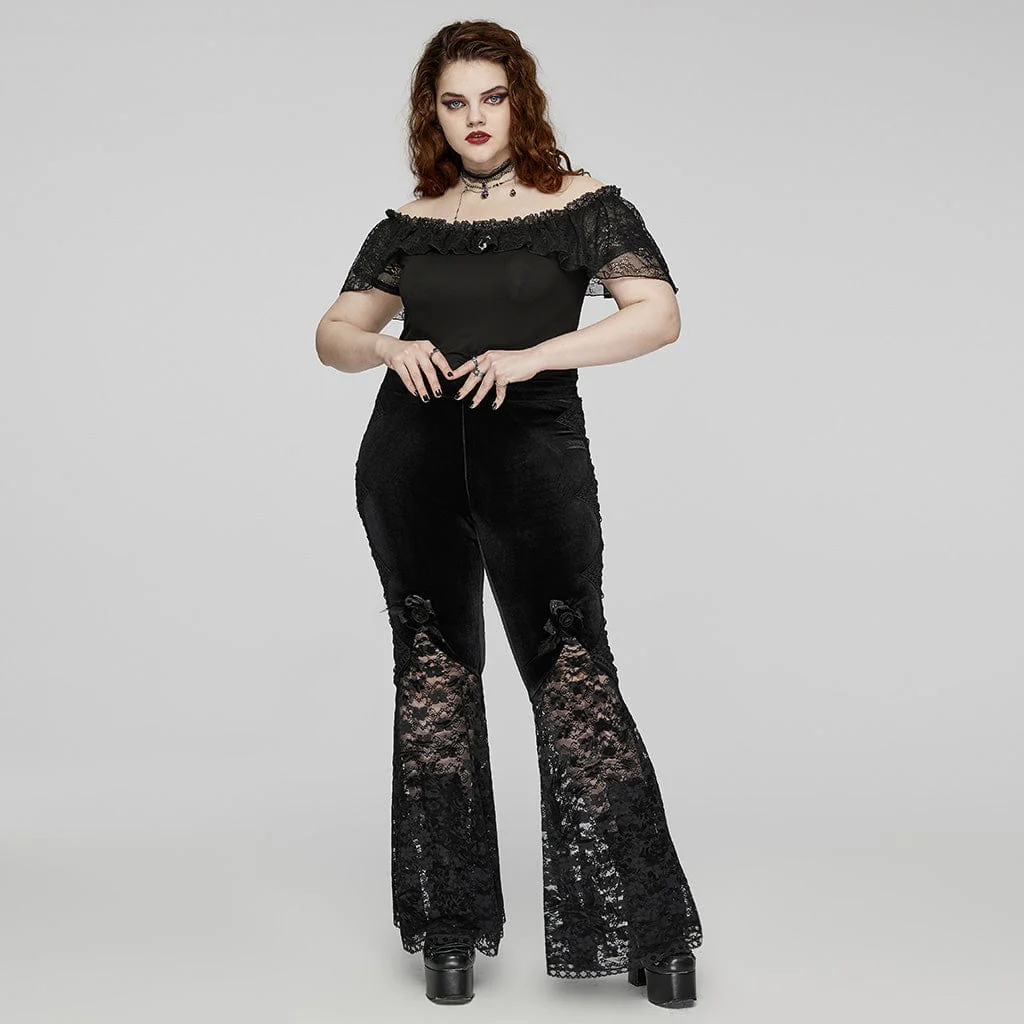 Women's Plus Size Gothic Rose Lace Splice Flarerd Pants - Image 4