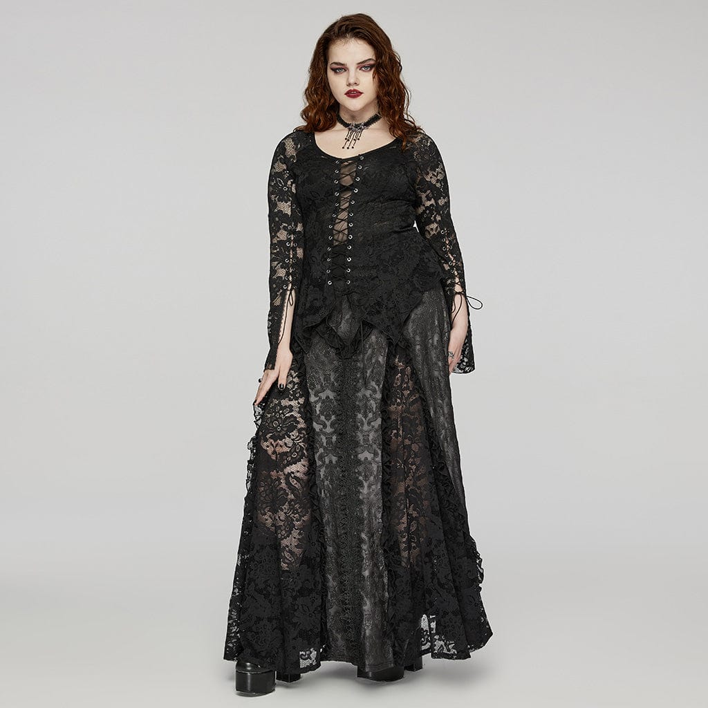 Women's Plus Size Gothic Ruffled Lace Splice Embossed Skirt - Image 4