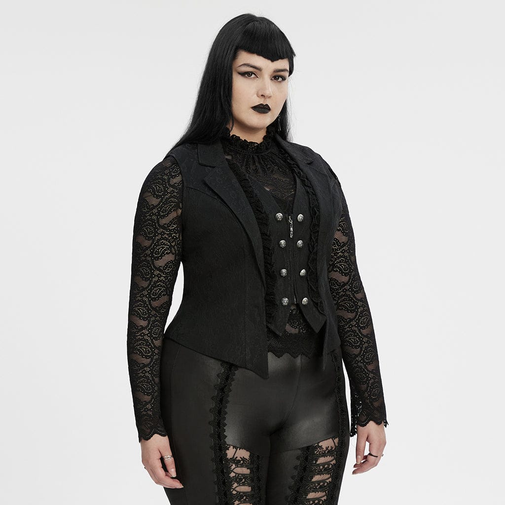 Women's Plus Size Gothic Ruffled Lace Splice Lapel Vest - Image 2