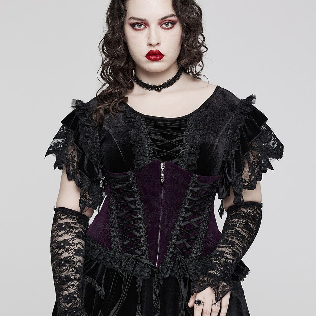 Women's Plus Size Gothic Strappy Ruffled Velvet  Underbust Corset - Image 5
