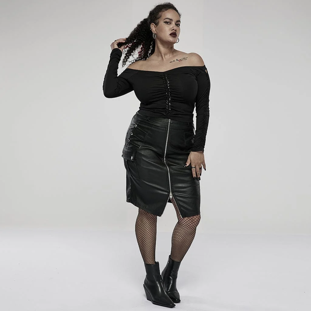 Women's Plus Size Punk Front Zip Faux Leather Wrapped Skirt - Image 4