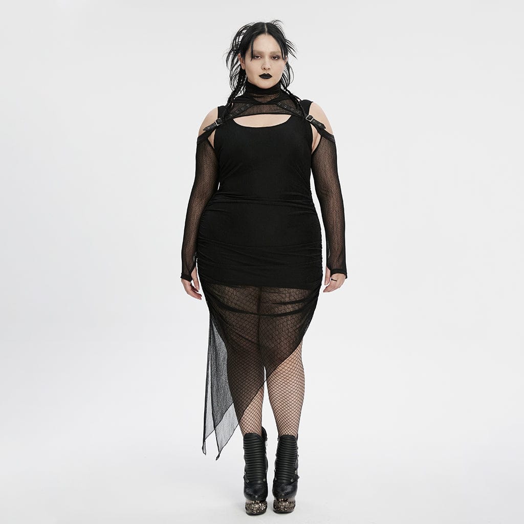 Women's Plus Size Punk Irregular Ruched Black Party Dress with Hooded Cape - Image 3