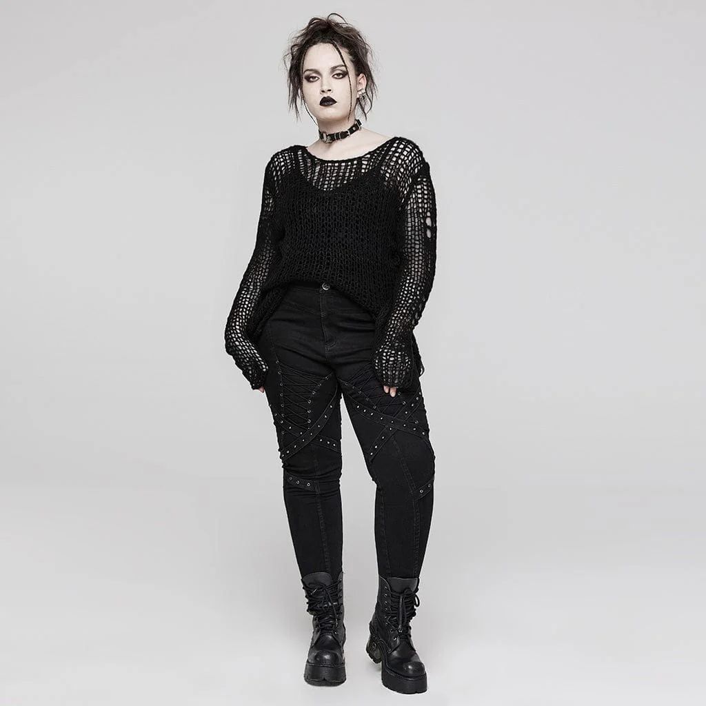 Women's Plus Size Punk Striped Knitted Sweater - Image 4