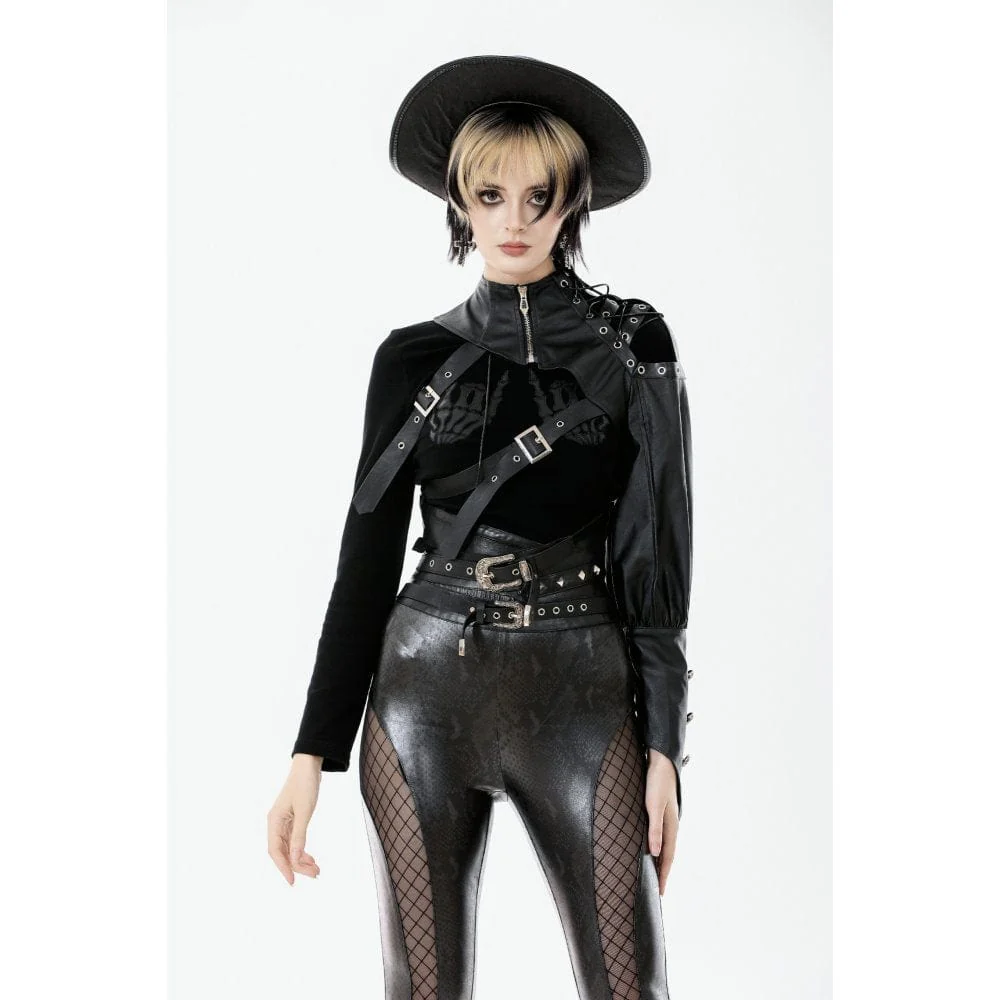 Women's Punk Asymmetric Buckle-up Strap Cut-out Cape - Image 2