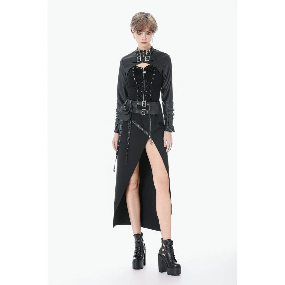 Women's Punk Asymmetric Eyelet Strappy Zip Long Skirt - Image 3