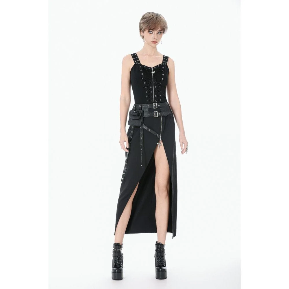 Women's Punk Asymmetric Eyelet Strappy Zip Long Skirt - Image 4