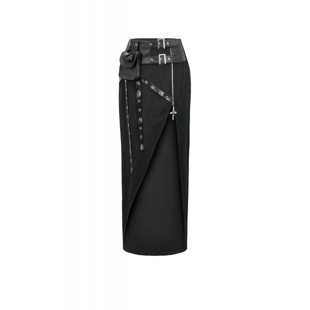 Women's Punk Asymmetric Eyelet Strappy Zip Long Skirt - Image 8