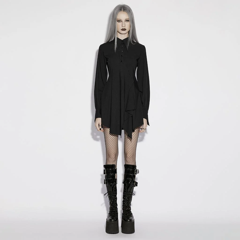 Women's Punk Asymmetric Turn-down Collar Puff Sleeved Dress - Image 4