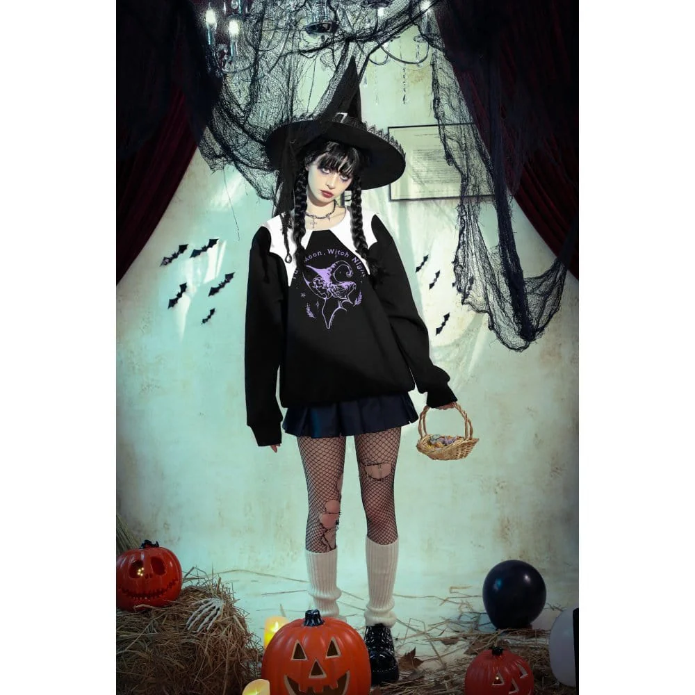 Women's Punk Batwing Sweatshirt Black White - Image 14