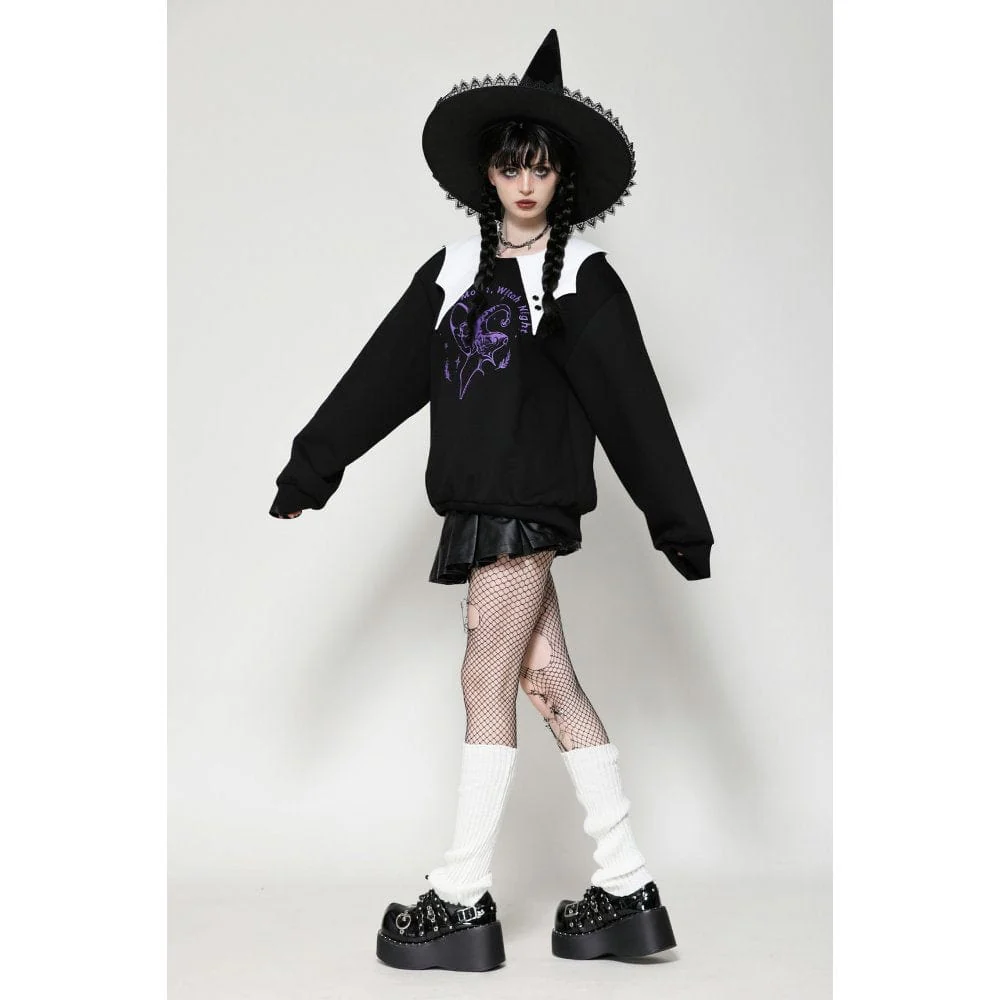 Women's Punk Batwing Sweatshirt Black White - Image 6