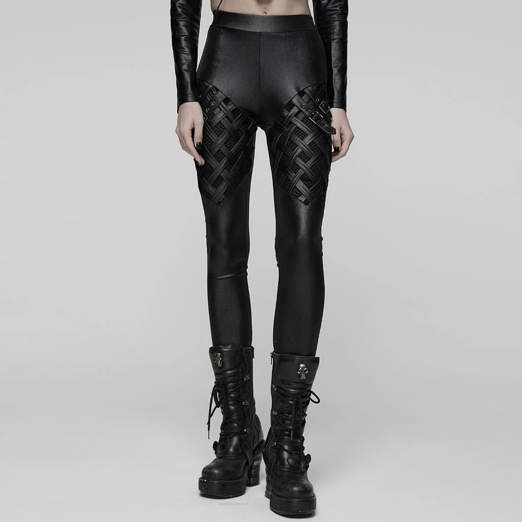 Women's Punk Braided Strap Buckle Leggings