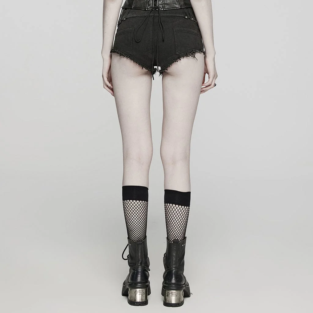 Women's Punk Buckle Eyelets Denim Shorts - Image 3