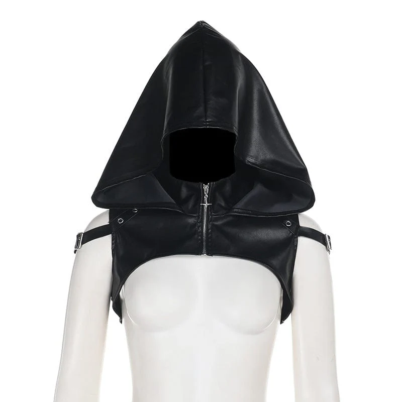 Women's Punk Buckle Faux Leather Short Cape with Hood - Image 6