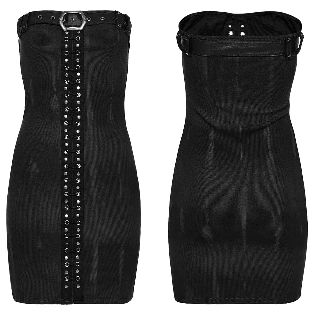 Women's Punk Buckle Lace-Up Eyelet Off Shoulder Dress Black - Image 5