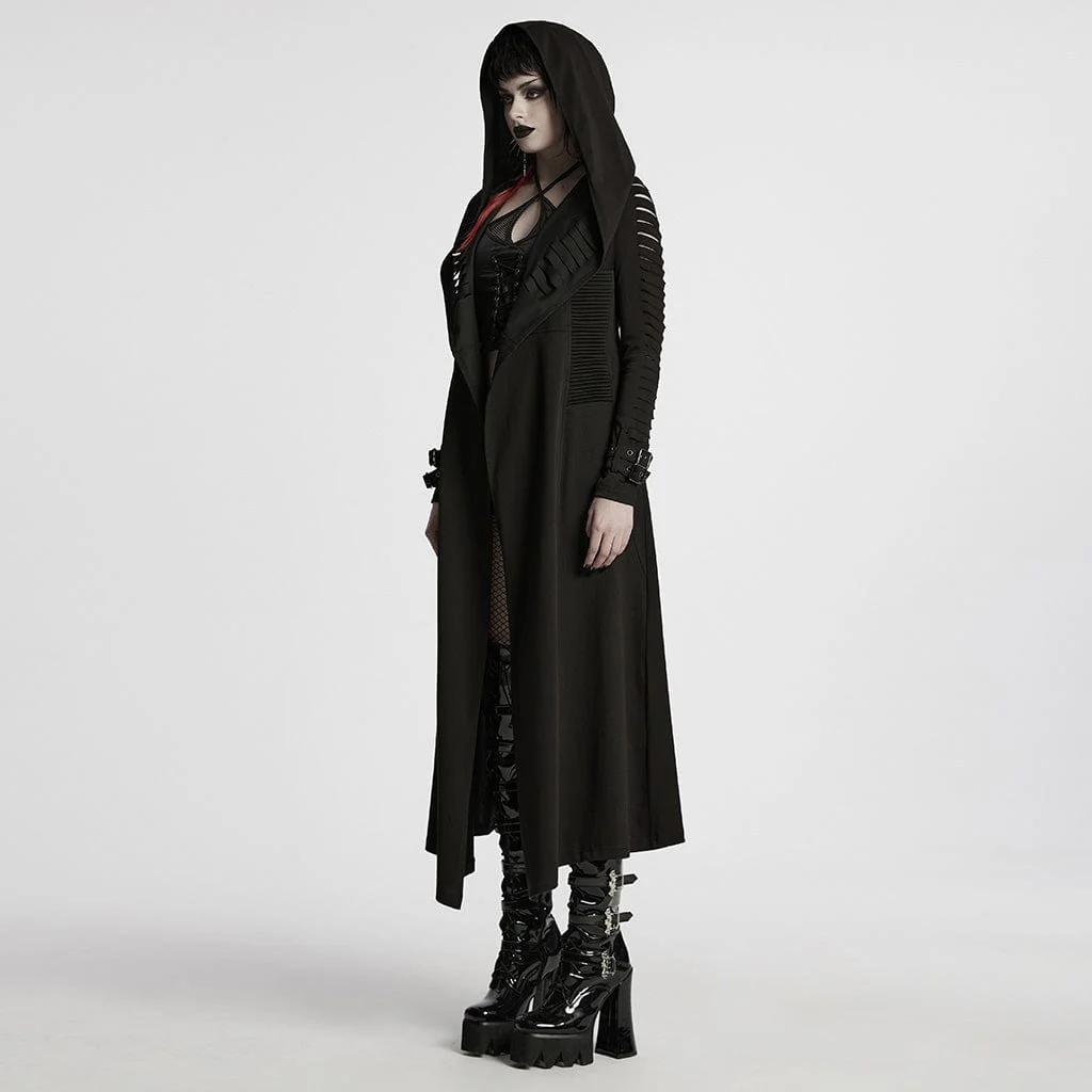 Women's Punk Buckle Ripped Coat with Hood - Image 2