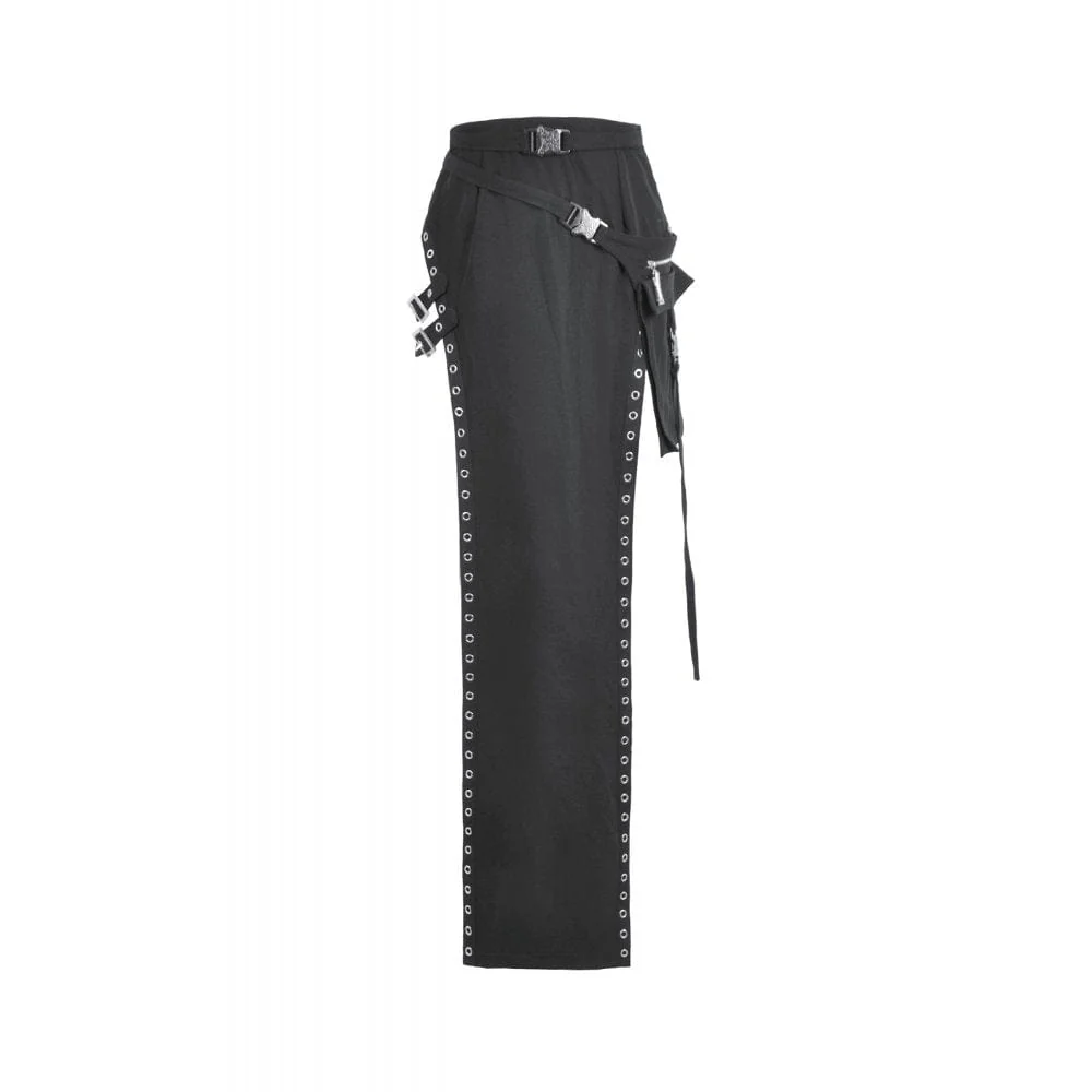Women's Punk Buckle Strap Eyelet High-slit Midi Skirt with Detachable Pocket - Image 10
