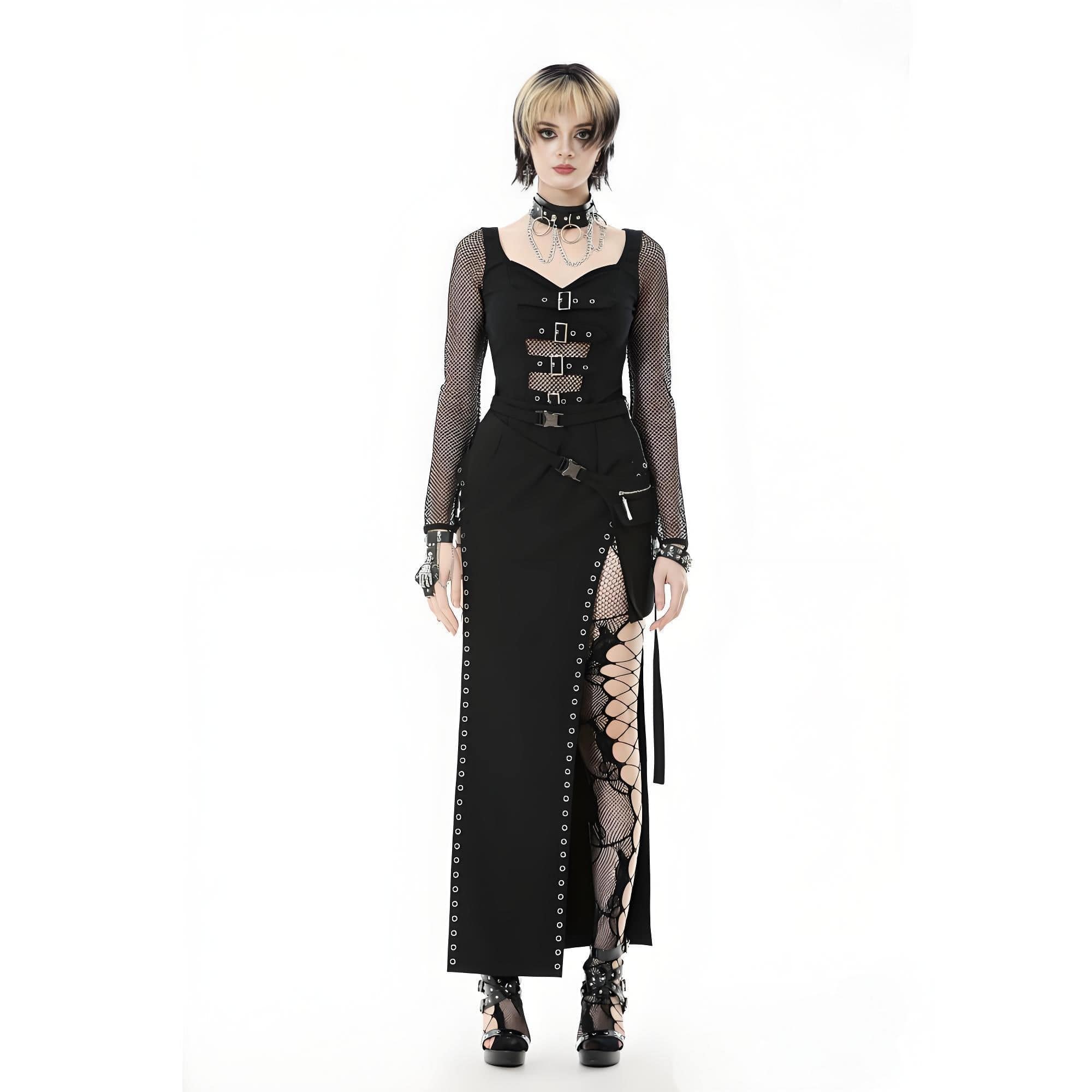 Women's Punk Buckle Strap Eyelet High-slit Midi Skirt with Detachable Pocket - Image 2