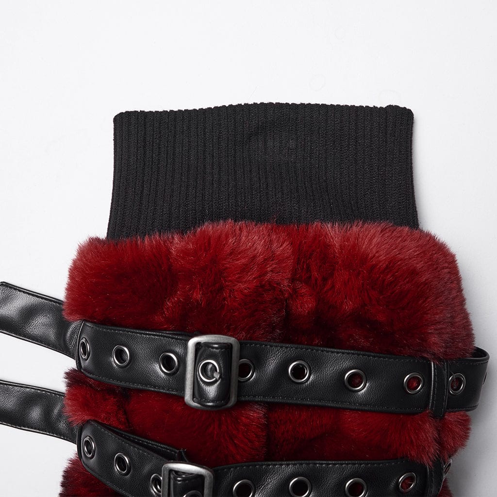 Women's Punk Buckle Strap Faux Fur Leg Warmers Red - Image 6