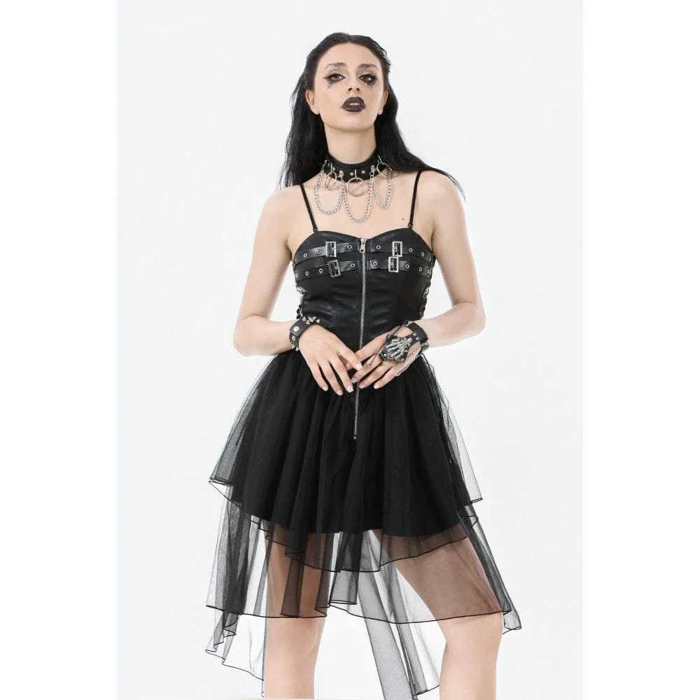 Women's Punk Buckle Strap Lace-up Mesh Splice Slip Dress - Image 3