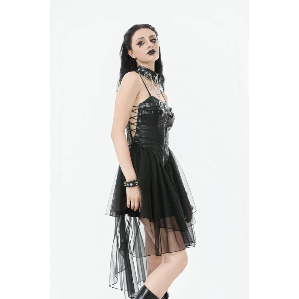 Women's Punk Buckle Strap Lace-up Mesh Splice Slip Dress - Image 4