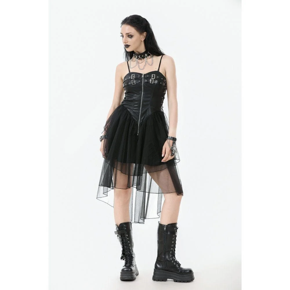 Women's Punk Buckle Strap Lace-up Mesh Splice Slip Dress - Image 6
