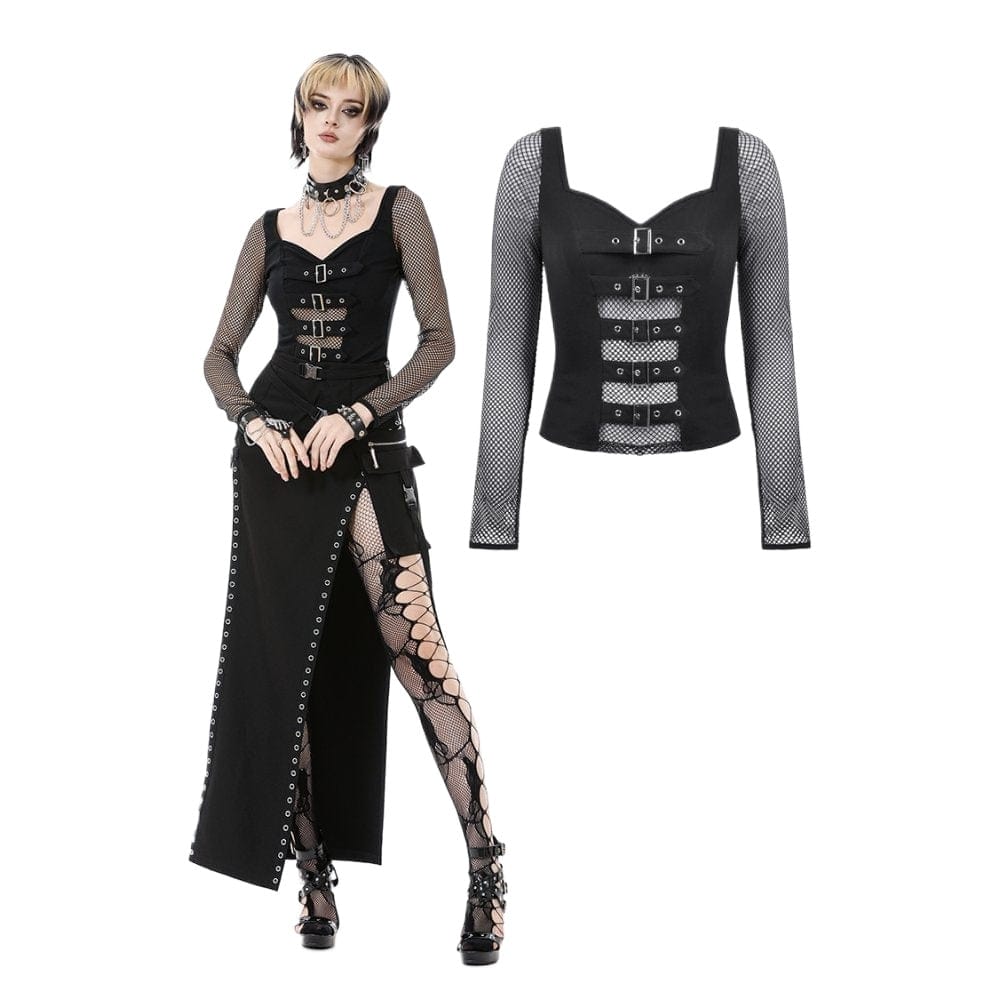 Women's Punk Buckle Strap Mesh Splice Long Sleeved Top