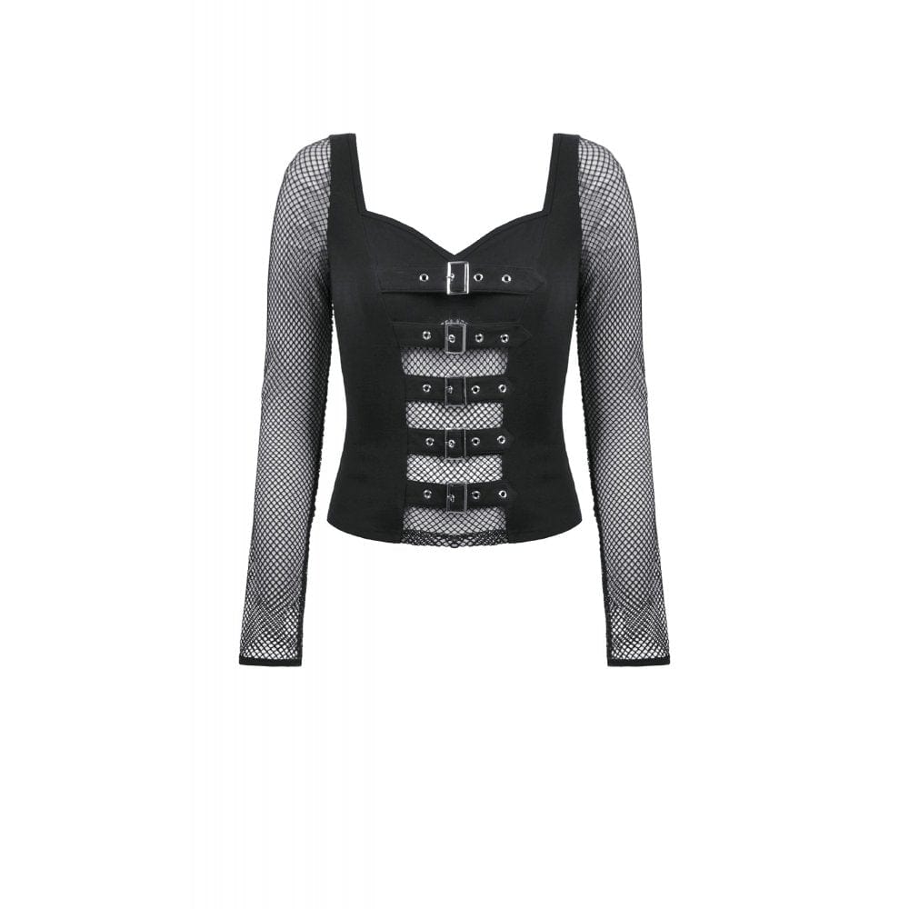 Women's Punk Buckle Strap Mesh Splice Long Sleeved Top - Image 10