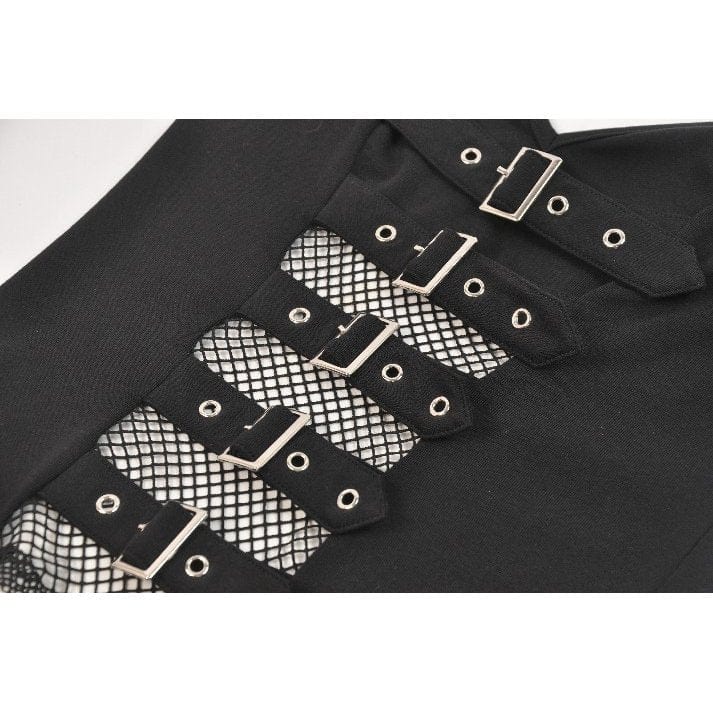 Women's Punk Buckle Strap Mesh Splice Long Sleeved Top - Image 14