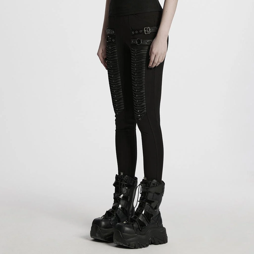 Women's Punk Buckle Strap Pleated Leggings - Image 2