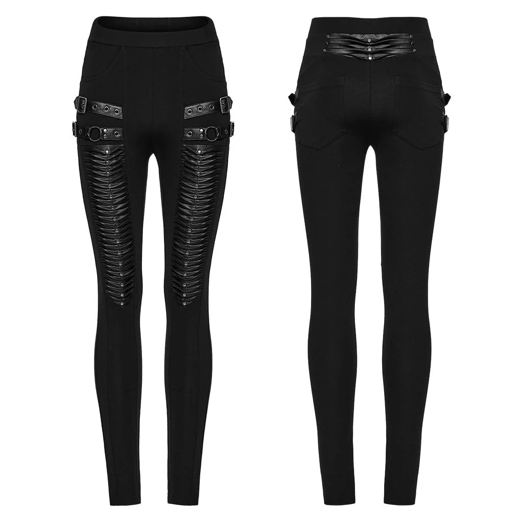 Women's Punk Buckle Strap Pleated Leggings - Image 5