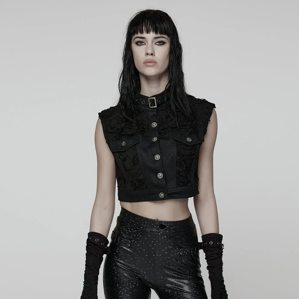 Women's Punk Buckle-up Collar Ripped Short Vest