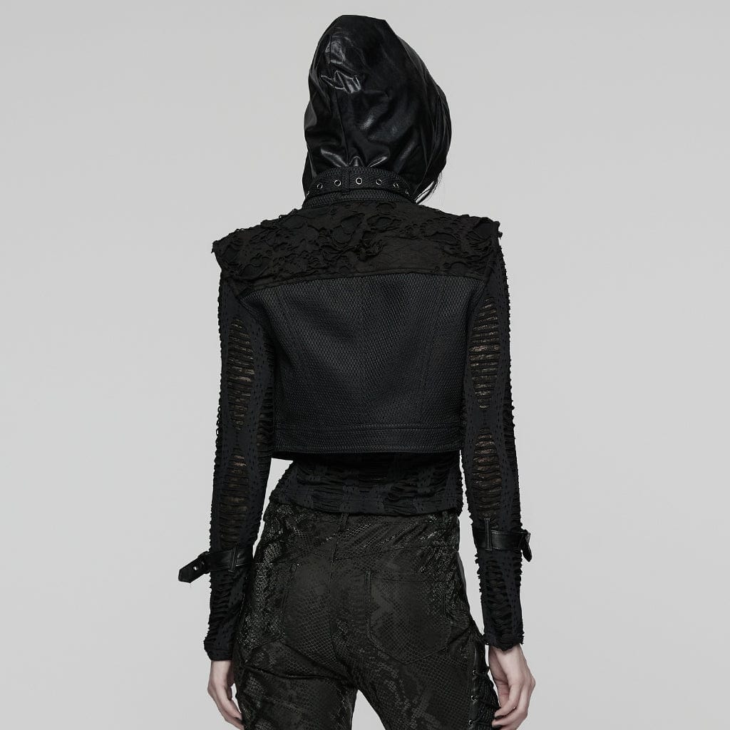 Women's Punk Buckle-up Collar Ripped Short Vest - Image 3