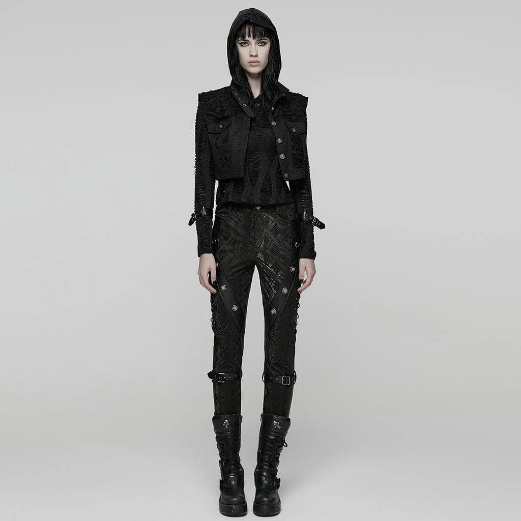 Women's Punk Buckle-up Collar Ripped Short Vest - Image 4