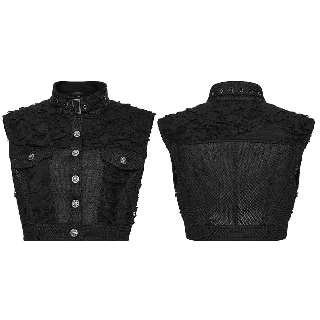 Women's Punk Buckle-up Collar Ripped Short Vest - Image 5
