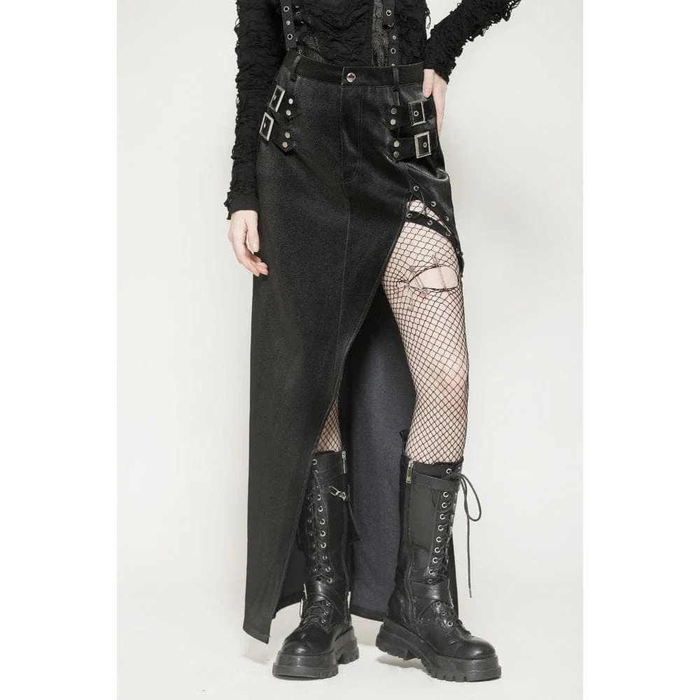 Women's Punk Buckle-up Side Slit Irregular Hem Skirt - Image 2