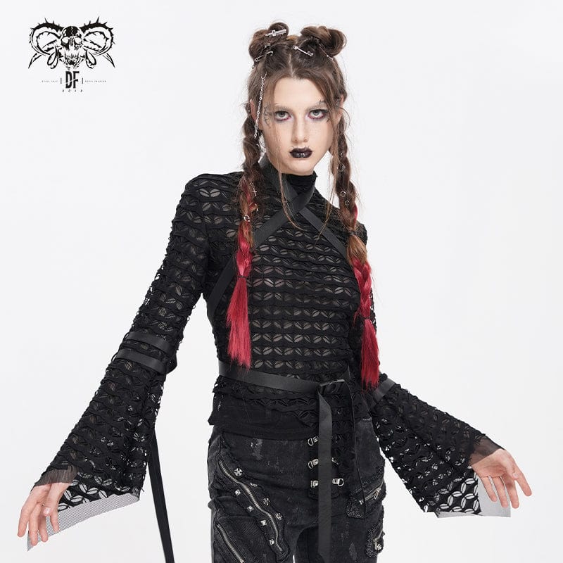 Women's Punk Buckle-Up Strap Mesh Shirt