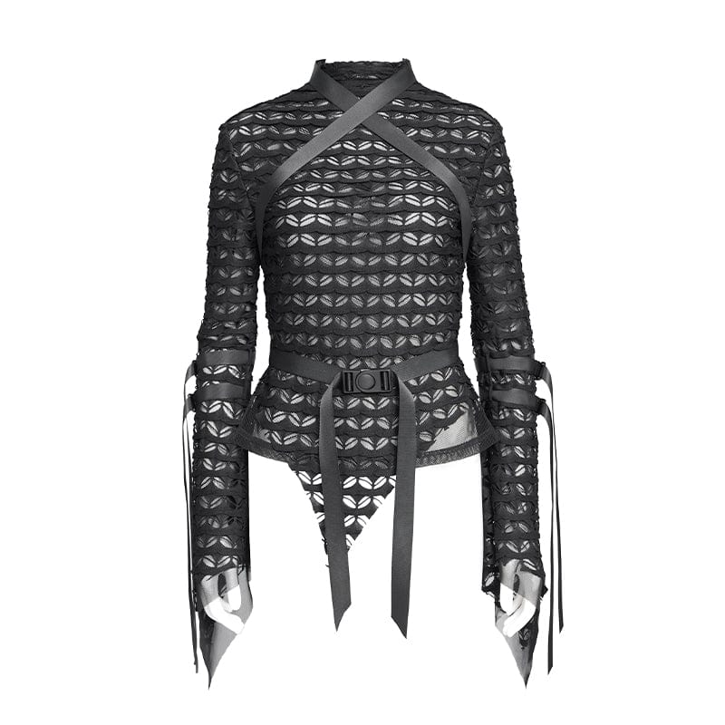 Women's Punk Buckle-Up Strap Mesh Shirt - Image 7