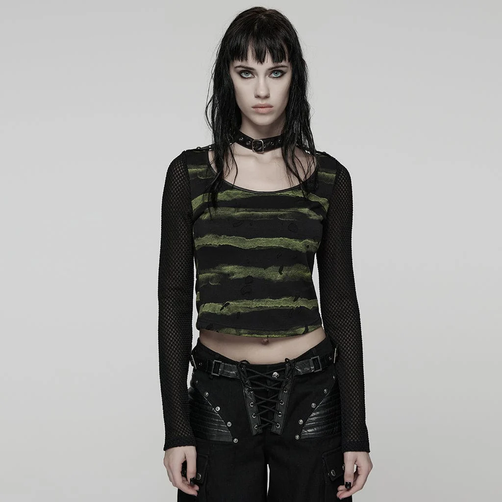 Women's Punk Buckle-up Strap Mesh Splice Printed T-shirt Black-Green