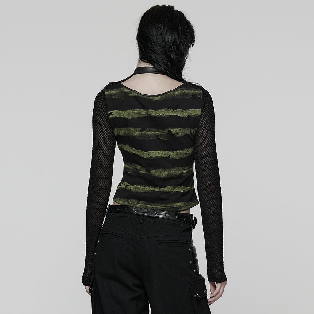 Women's Punk Buckle-up Strap Mesh Splice Printed T-shirt Black-Green - Image 3