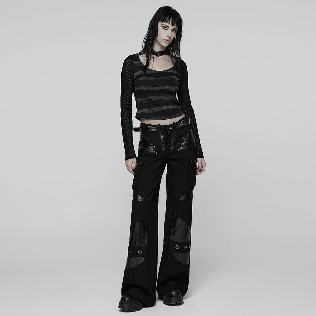 Women's Punk Buckle-up Strap Mesh Splice Printed T-shirt Black-Grey - Image 4