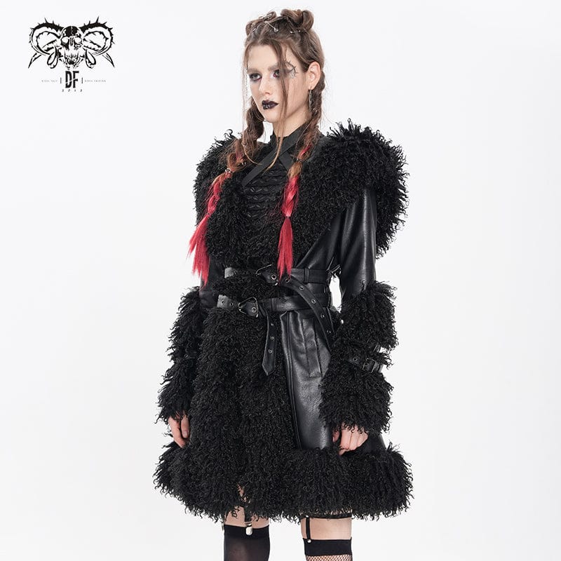 Women's Punk Buckle-up Strap Plush Splice Coat - Image 3
