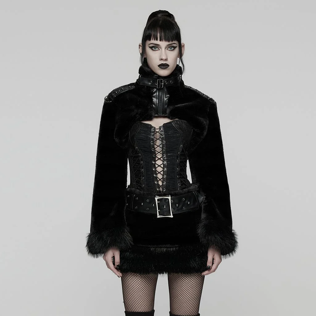 Women's Punk Buckle-up Strap Stand Collar Faux Fur Short Cape Black