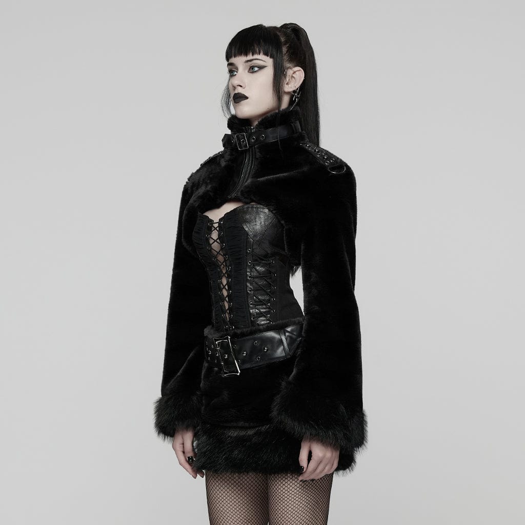 Women's Punk Buckle-up Strap Stand Collar Faux Fur Short Cape Black - Image 2