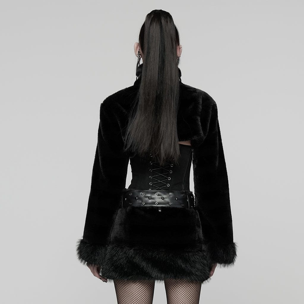 Women's Punk Buckle-up Strap Stand Collar Faux Fur Short Cape Black - Image 3