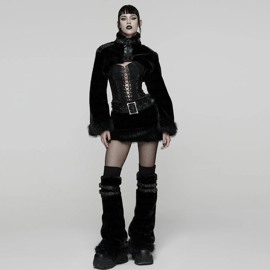 Women's Punk Buckle-up Strap Stand Collar Faux Fur Short Cape Black - Image 4