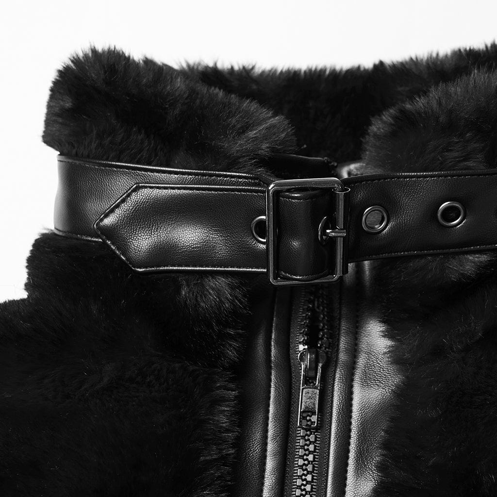 Women's Punk Buckle-up Strap Stand Collar Faux Fur Short Cape Black - Image 6
