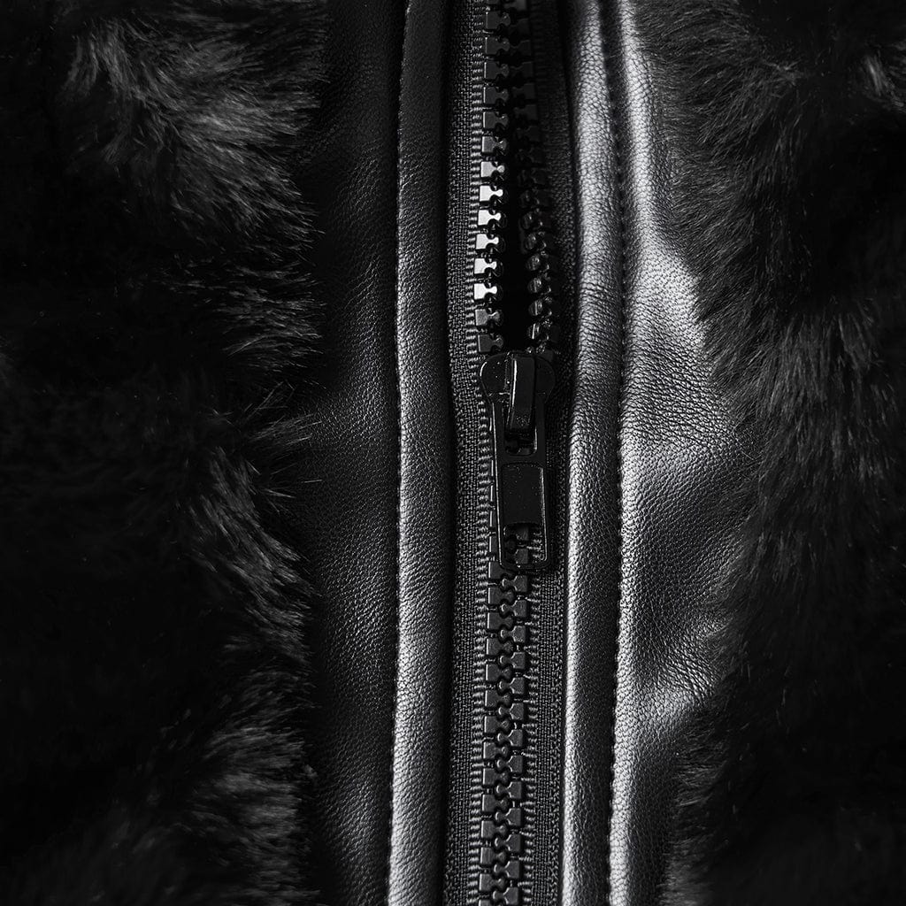 Women's Punk Buckle-up Strap Stand Collar Faux Fur Short Cape Black - Image 7