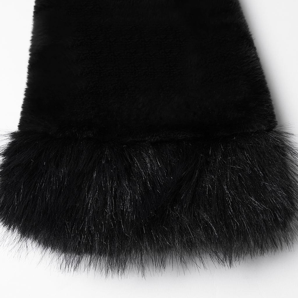 Women's Punk Buckle-up Strap Stand Collar Faux Fur Short Cape Black - Image 8