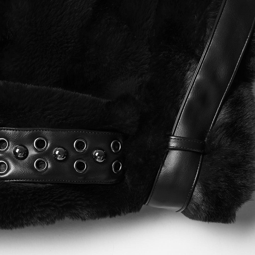 Women's Punk Buckle-up Strap Stand Collar Faux Fur Short Cape Black - Image 9
