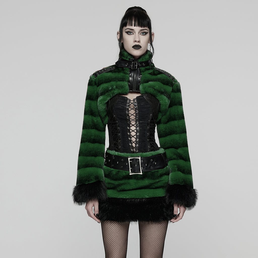 Women's Punk Buckle-up Strap Stand Collar Faux Fur Short Cape Green